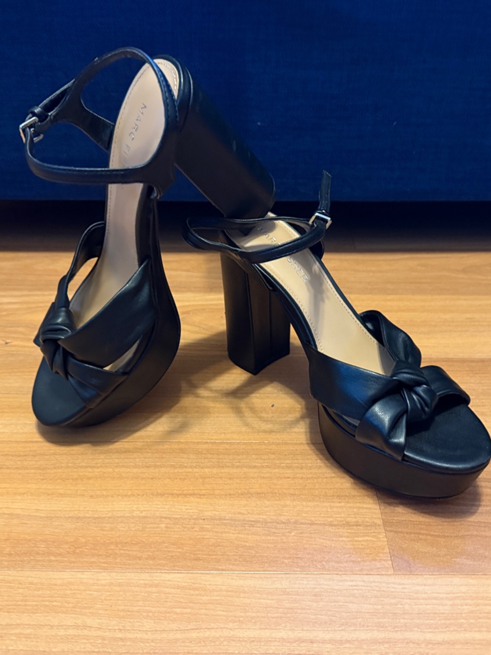 Black Marc Fisher Knot Platform Sandals with Ankle Strap